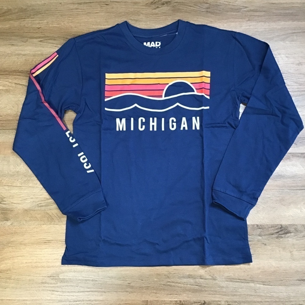 Nwt Michigan Graphic Shirt Juniors Size L Long Sleeve Sunset Water Blue Orange